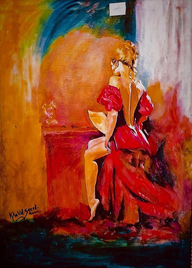 Lady in red Painting by Khalid Saeed