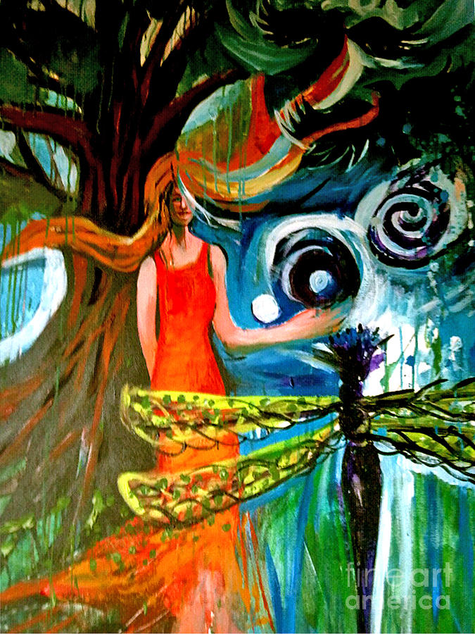 Lady In Red With Dragonfly and Tree Painting by Genevieve Esson