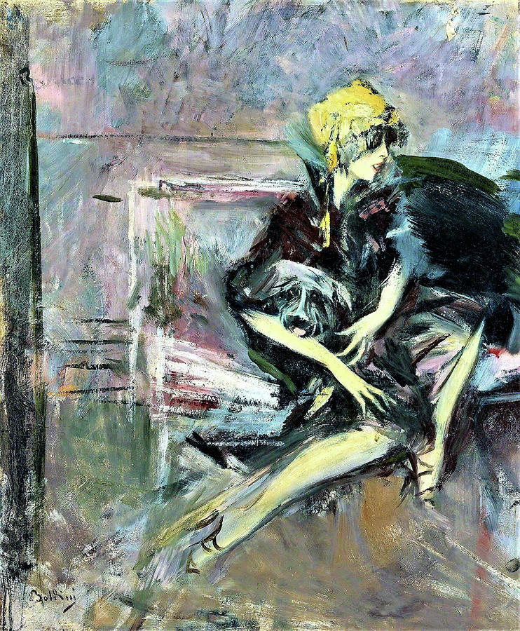 Giovanni Boldini Painting - Lady in Yellow Hat with Her Dog - Digital Remastered Edition by Giovanni Boldini