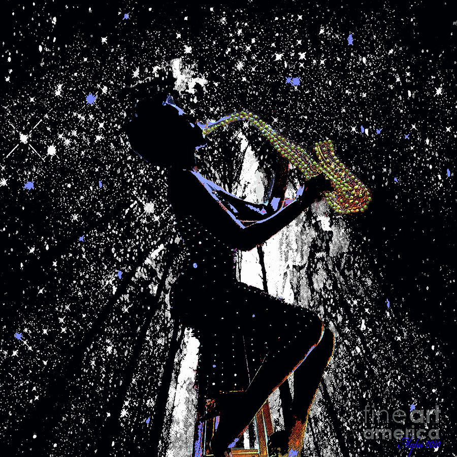 Lady Jazz Saxophone Music On A Starry Night Painting by Saundra Myles