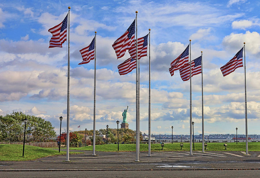 Lady Liberty And Flying Flags Photograph