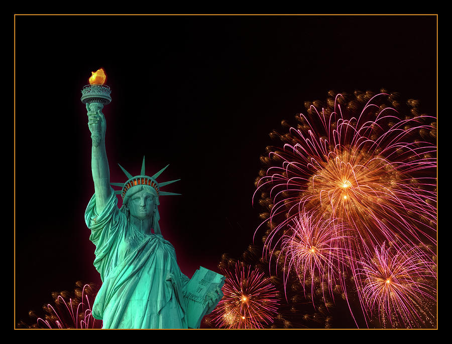 Lady Liberty with Fireworks Photograph by Bonnie Follett