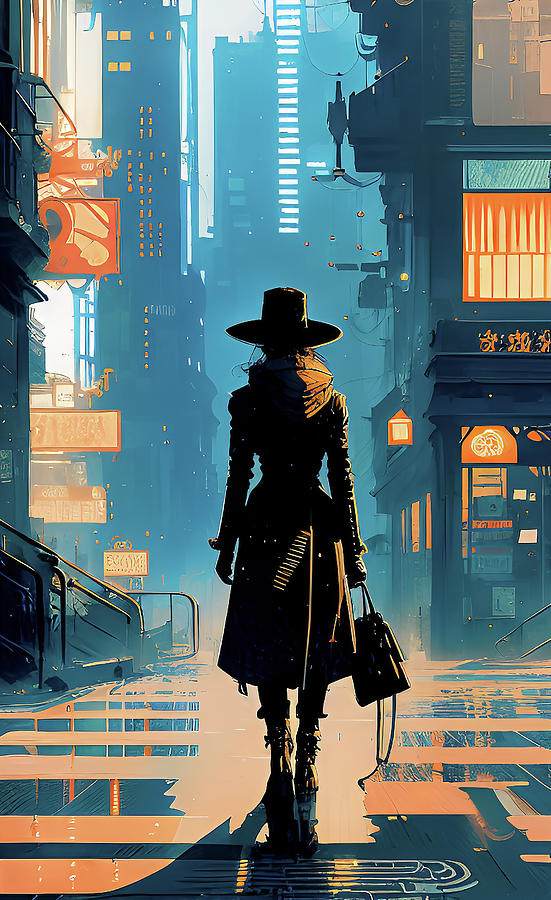 lady like Mary Poppins futuristic city steampunk cyberpunk vertical Photograph