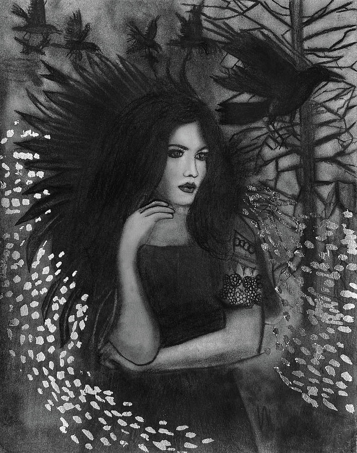 Crow Drawing - Lady of Crows Silver by Nadija Armusik