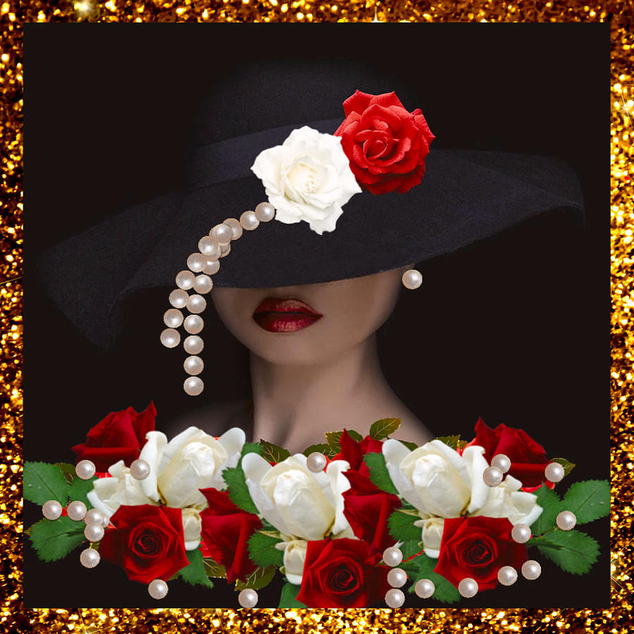 Lady of Golden and Red Roses and Pearls Digital Art by Gayle Price Thomas