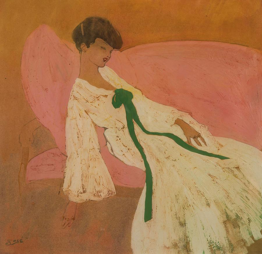 Lady on a couch. Oil, gouache on paper. 31.5 x 32.5 cm. Fontbona-Vazquez Collection. Painting by Xavier Gose i Rovira -1876-1915- Lady on a couch. Oil, gouache on paper. 31.5 x 32.5 cm. Fontbona-Vazquez Collection. Painting by Xavier Gose i Rovira -1876-1915-