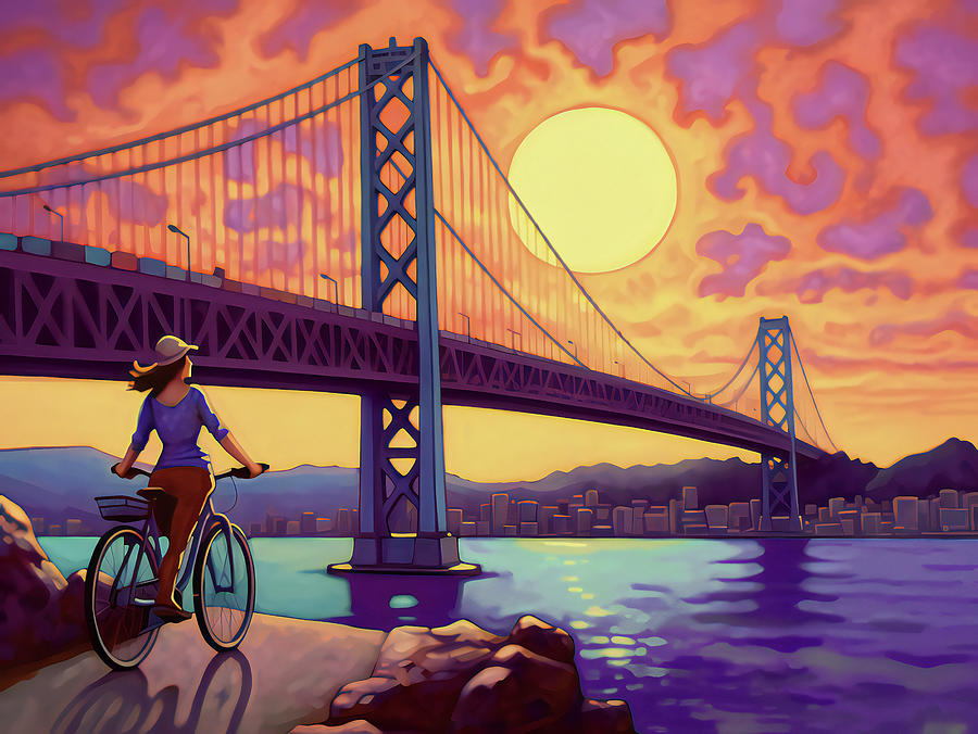 Lady Riding a Bike in the Purple City Digital Art by Caito Junqueira