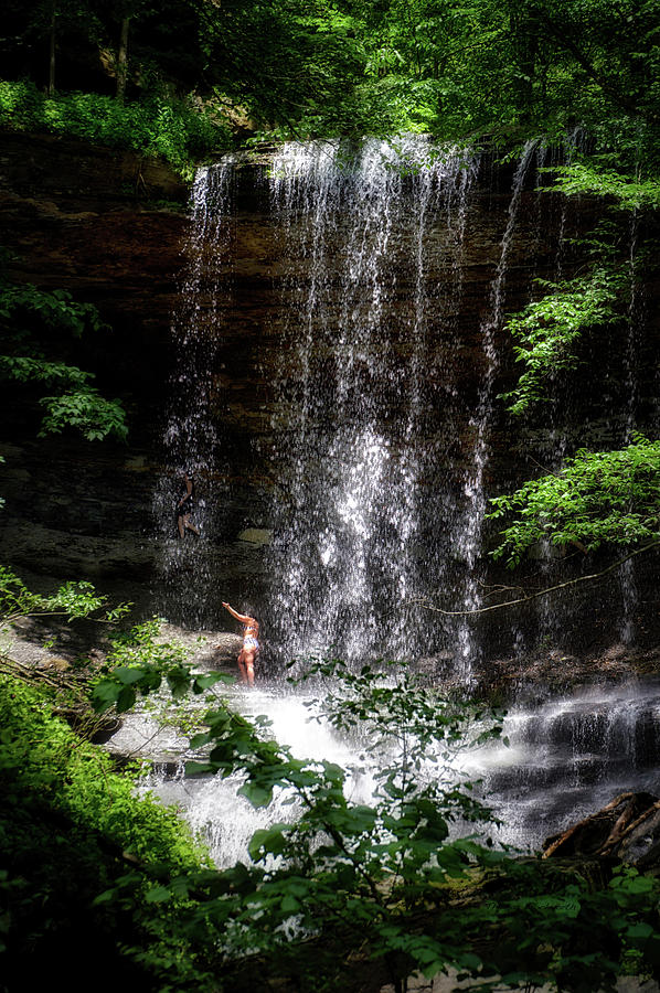 Summer Photograph - Lady Walking In Tinker Falls Finger Lakes NY Area Vertical 05 by Thomas Woolworth