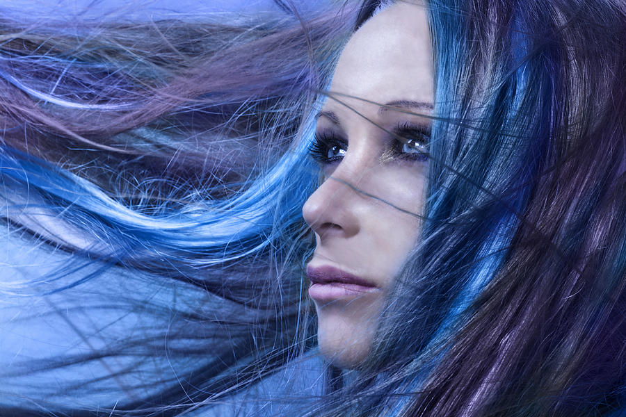 Lady with blue and purple hair flowing in front Photograph by Paper Boat Creative