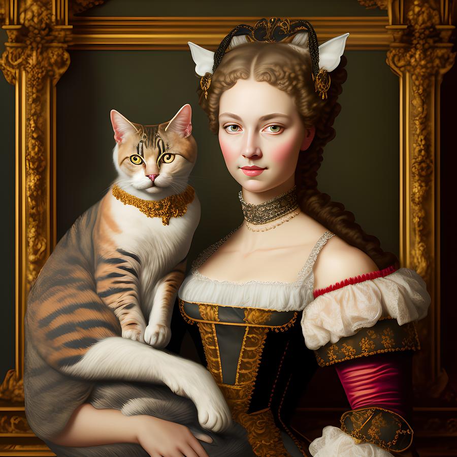 Lady with Cat, Portrait in Baroque Style, Generative AI Illustra ...