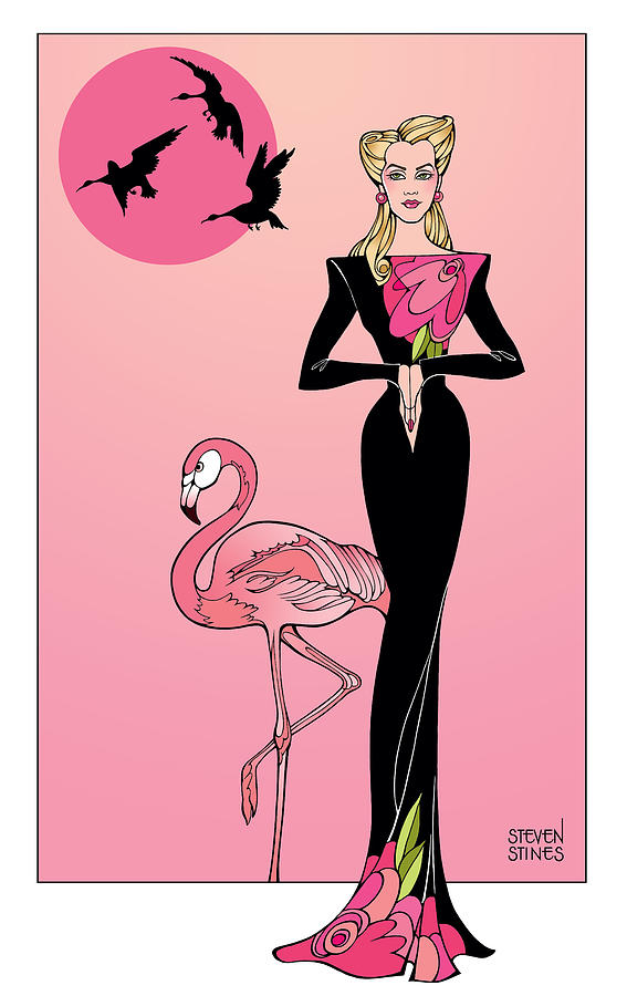 Lady with Flamingo Ombre Drawing by Steven Stines