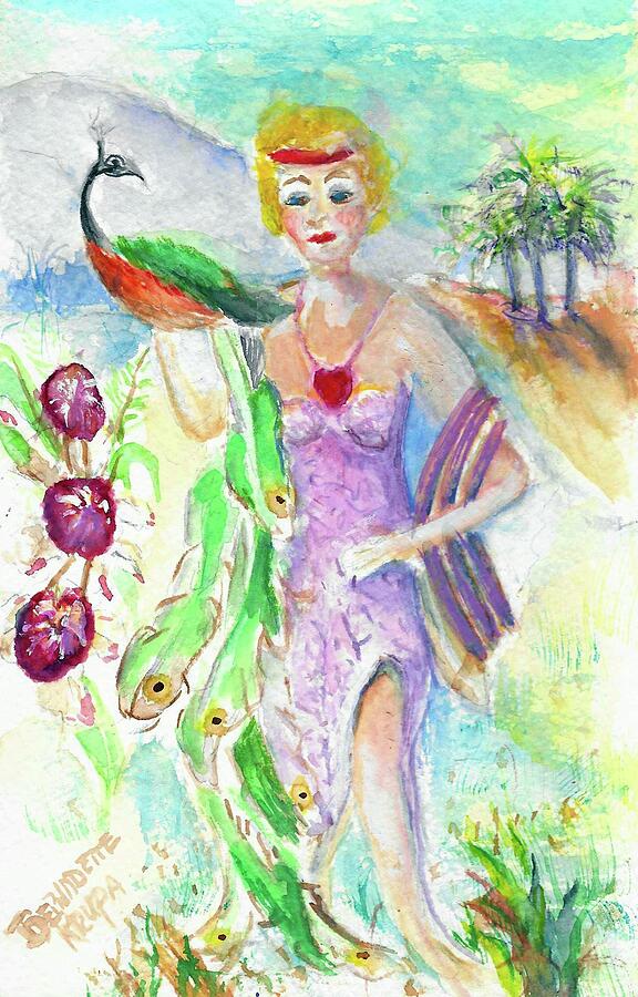 Lady with Peacock Painting by Bernadette Krupa
