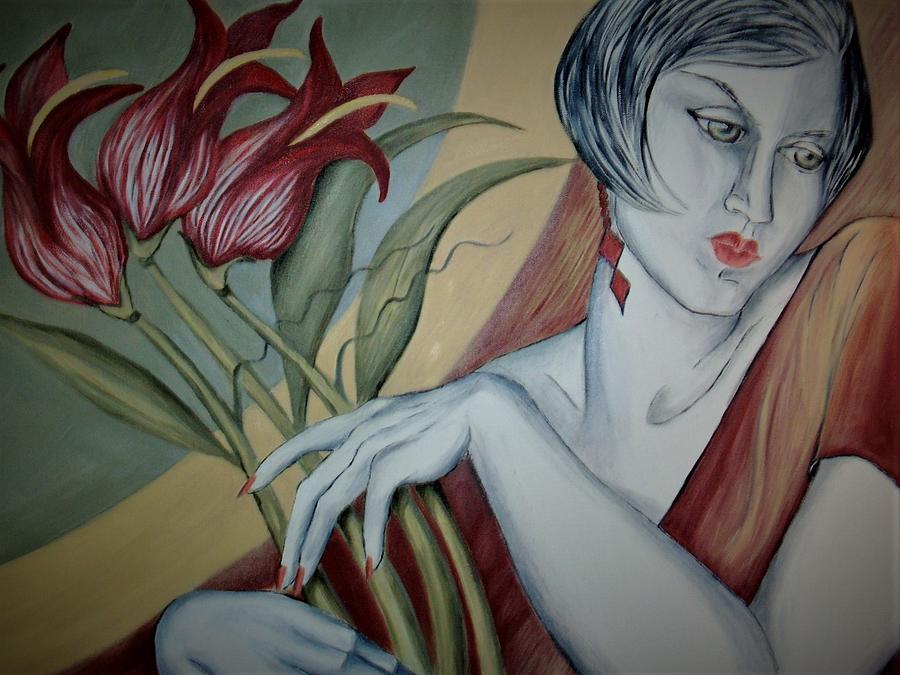 Lady with Tulips Painting by Vivian Aaron