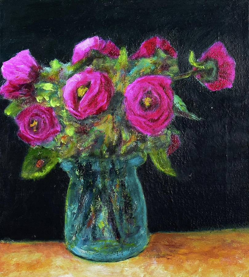 Ladybug and Pink Roses Painting by Morri Sims