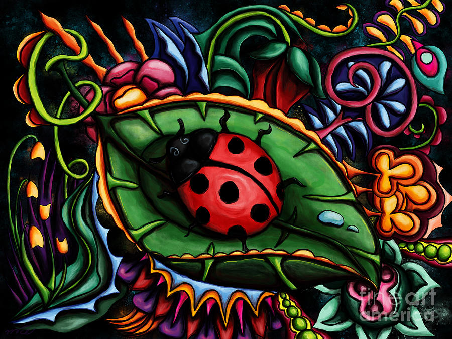 Ladybug on abstract garden, colorful ladybug Painting by Nadia CHEVREL