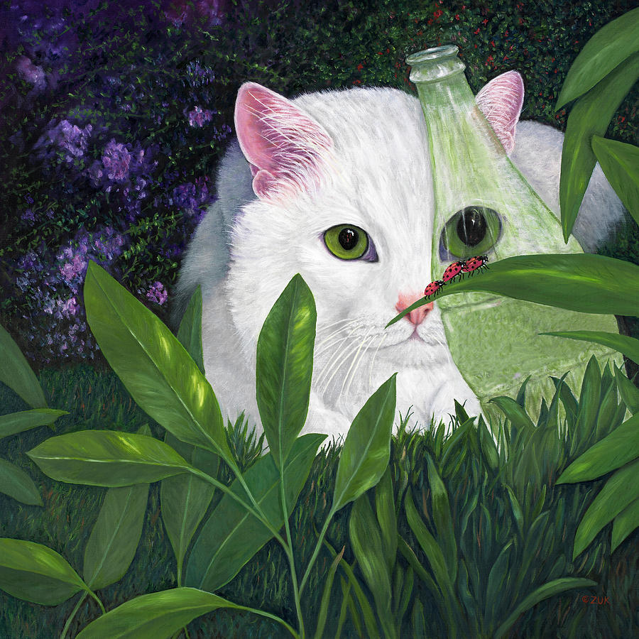 Ladybugs and Cat Painting by Karen Zuk Rosenblatt