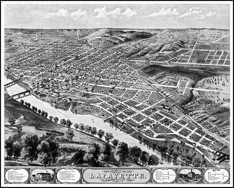 Lafayette Photograph - Lafayette Indiana Vintage Map Birds Eye View 1868 Black and White by Carol Japp