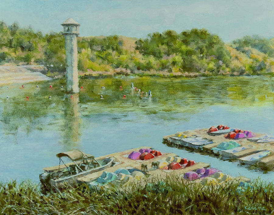 Lafayette Reservoir Tower and Boats Painting by Kerima Swain