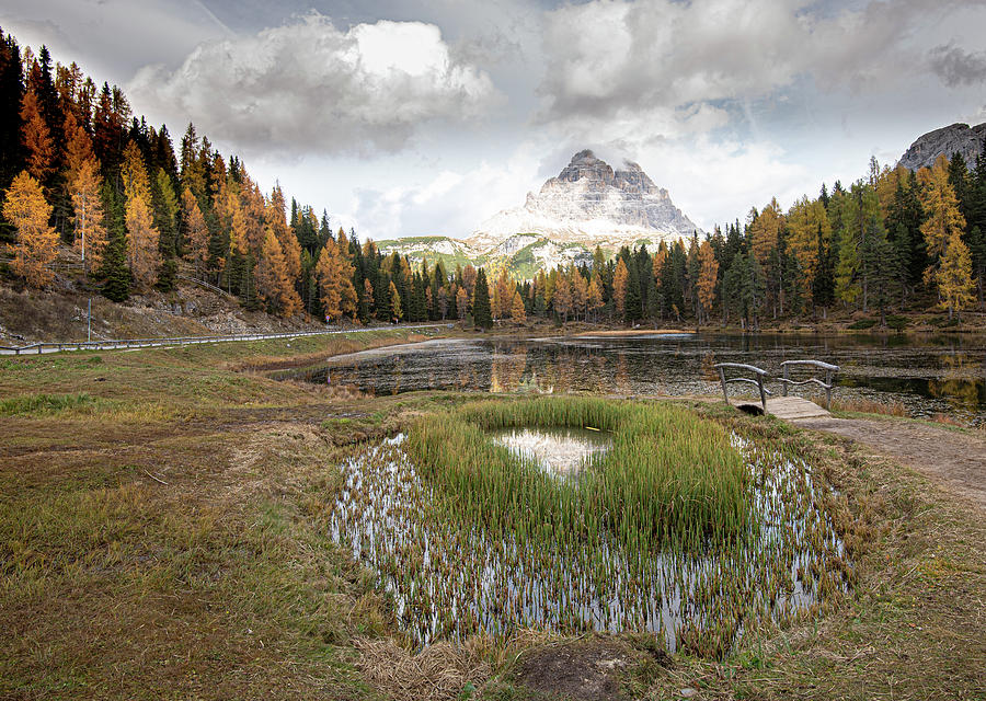 Lago di antorno lake and Tre cime di lavadero mountain reflection in autumn. Forest landscape South tyrol Italy Photograph by Michalakis Ppalis