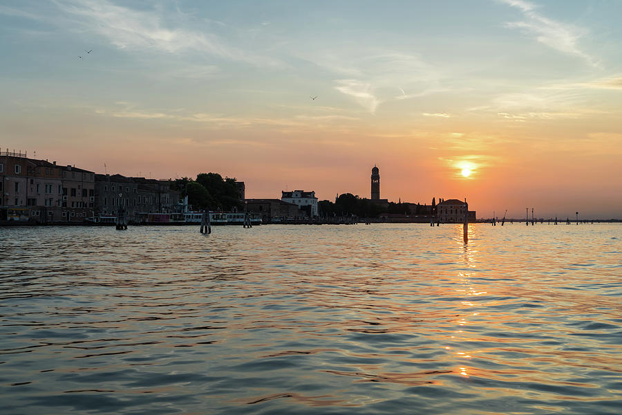 Lagoon Sailing in Venice Italy - Brilliant Sun Path Ripples and Signature Bricole Photograph by Georgia Mizuleva