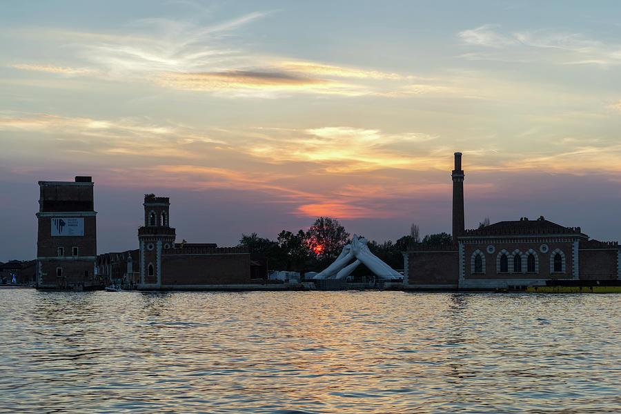Lagoon Sailing in Venice Italy - Sun Sinking Behind the Venetian Arsenal Arsenale di Venezia Photograph by Georgia Mizuleva