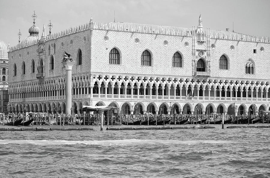 Lagoon View of Doges Palace and Column de Marco Venice Italy Black and White Photograph by Shawn OBrien