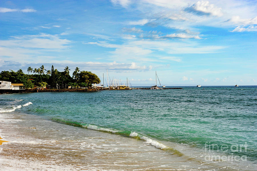 Lahaina Yacht Harbor in the distance on the beach in front of the town of Lahaina, Maui, Hawaii. Photograph by Gunther Allen