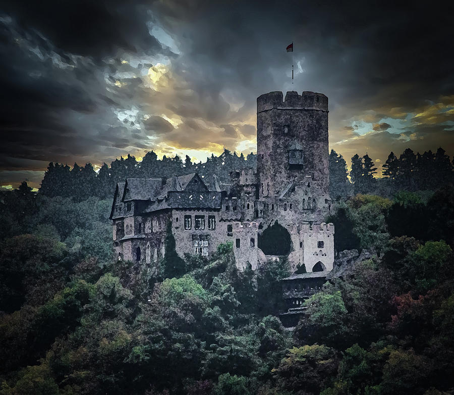 Lahneck Castle Sunset, Dry Brush Digital Art by Ron Long Ltd Photography