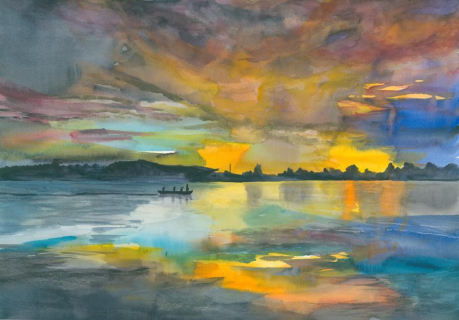 Lake and Boat Sunset #2 Painting by Hiroko Stumpf