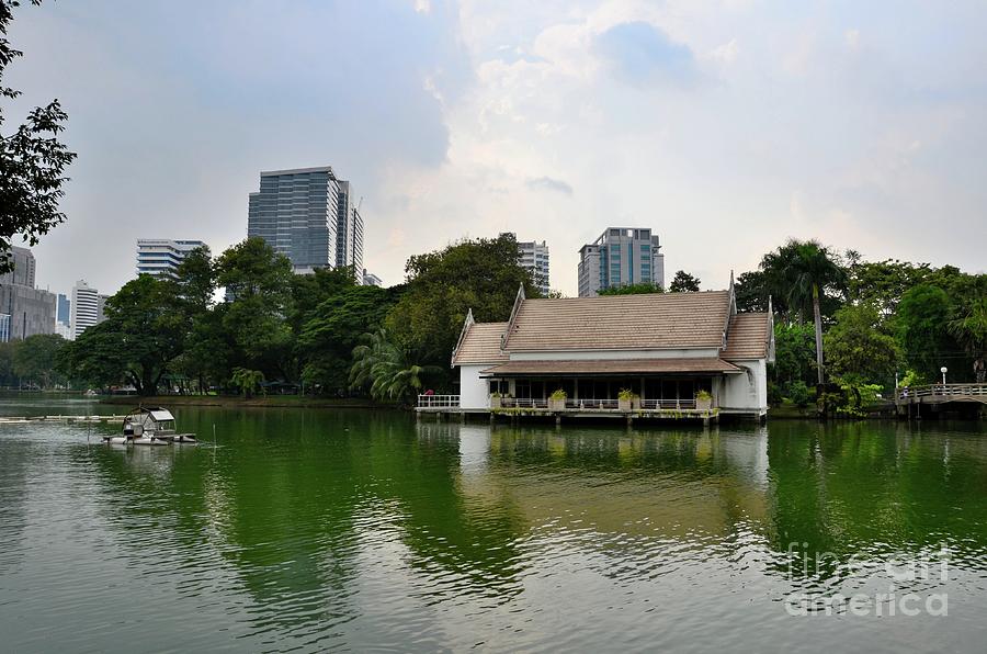 Garden Photograph - Lake and house with skyline at Lumphini Park Bangkok Thailand by Imran Ahmed