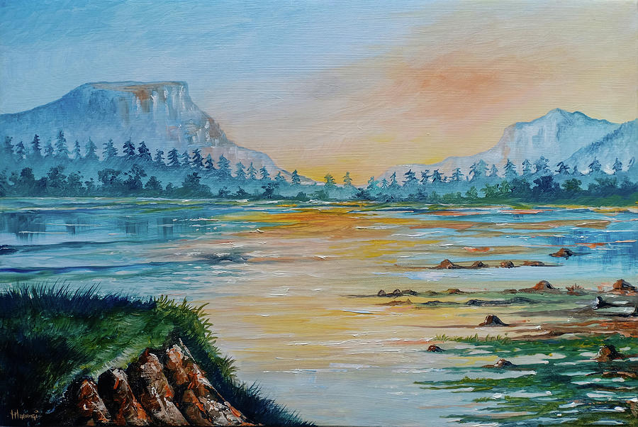 Lake and Mountains Painting by Anthony Mwangi