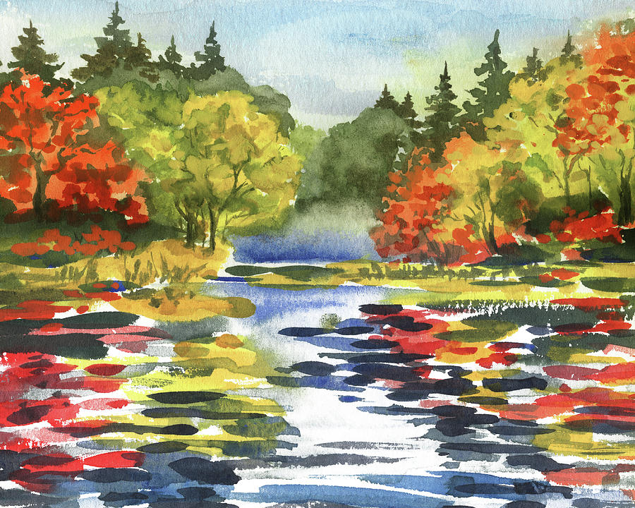 Lake Autumn Colors Fall Landscape Watercolor Warm Happy Tones  Painting by Irina Sztukowski