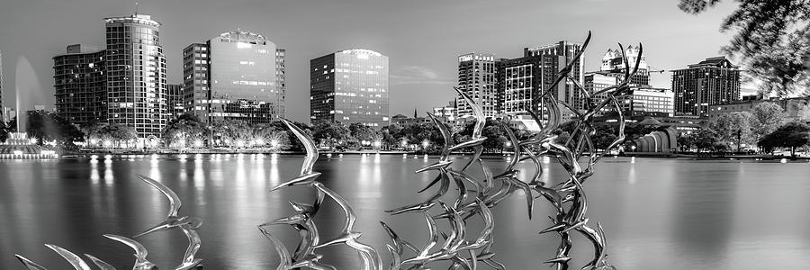 Lake Eola Skyline Panorama - Black and White Photograph by Gregory Ballos
