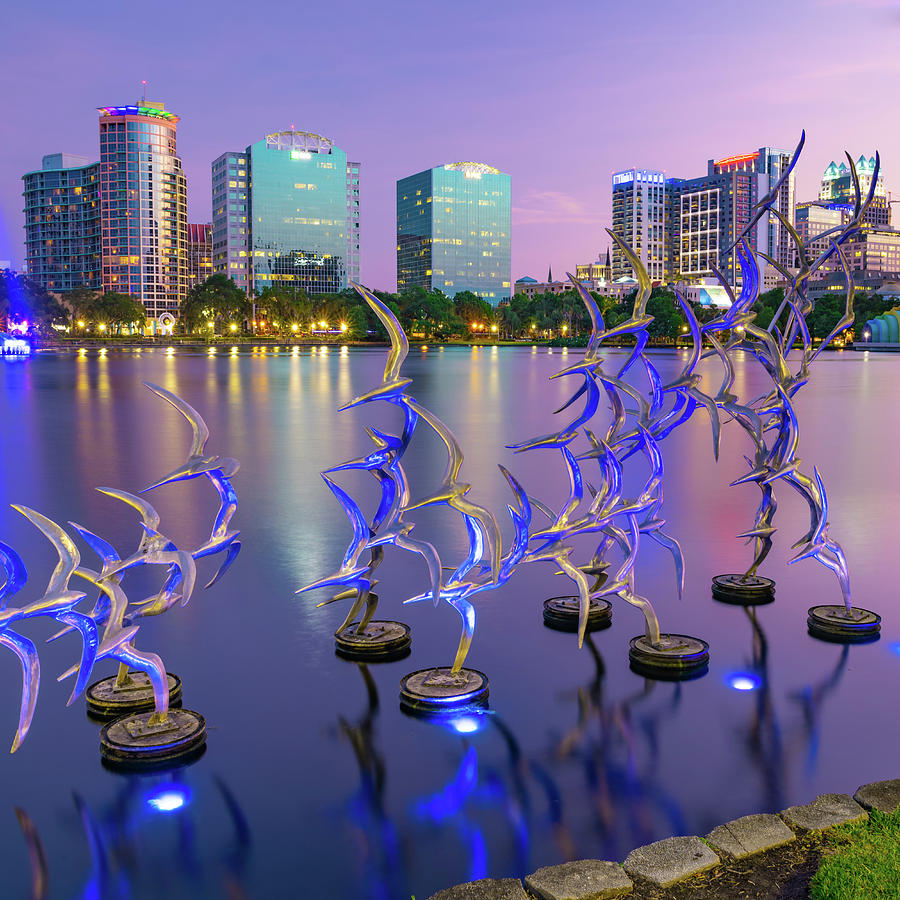Lake Eola Take Flight Sculptures And Orlando Florida Skyline 1x1 Photograph