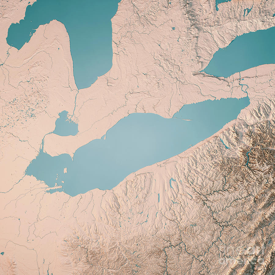 Lake Erie Topographic Map 3D Render Neutral Digital Art By Frank   Lake Erie Topographic Map 3d Render Neutral Frank Ramspott 