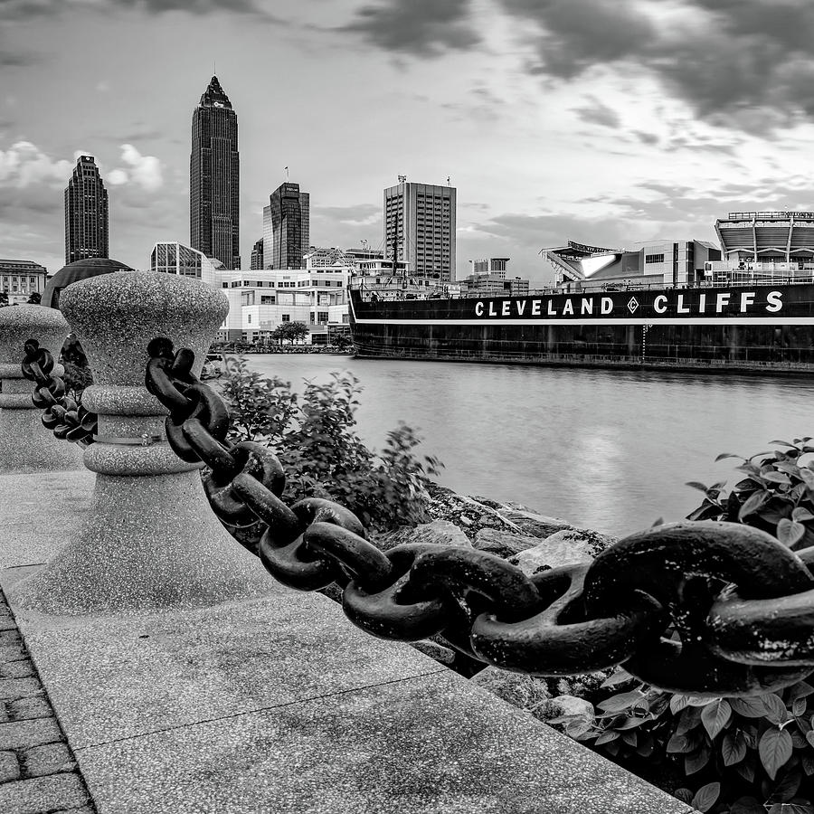 Cleveland Skyline Photograph - Lake Erie Waterfront View of The Cleveland Skyline - Black and White by Gregory Ballos