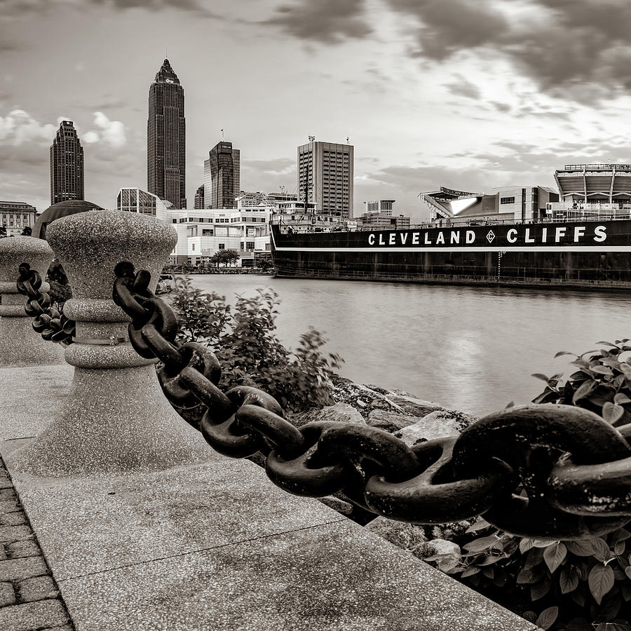 Cleveland Skyline Photograph - Lake Erie Waterfront View of The Cleveland Skyline - Sepia by Gregory Ballos