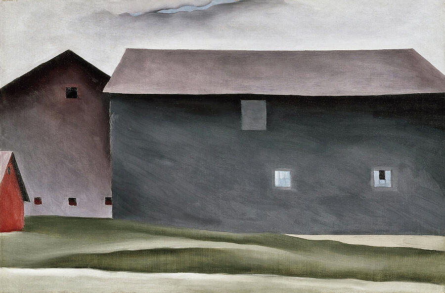 Lake George Barns - modernist village view painting Painting by Georgia OKeeffe
