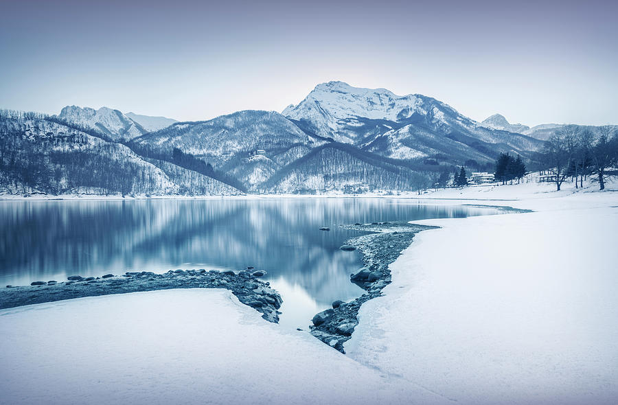 Lake Gramolazzo and snow in Apuan mountains. Tuscany Photograph by Stefano Orazzini