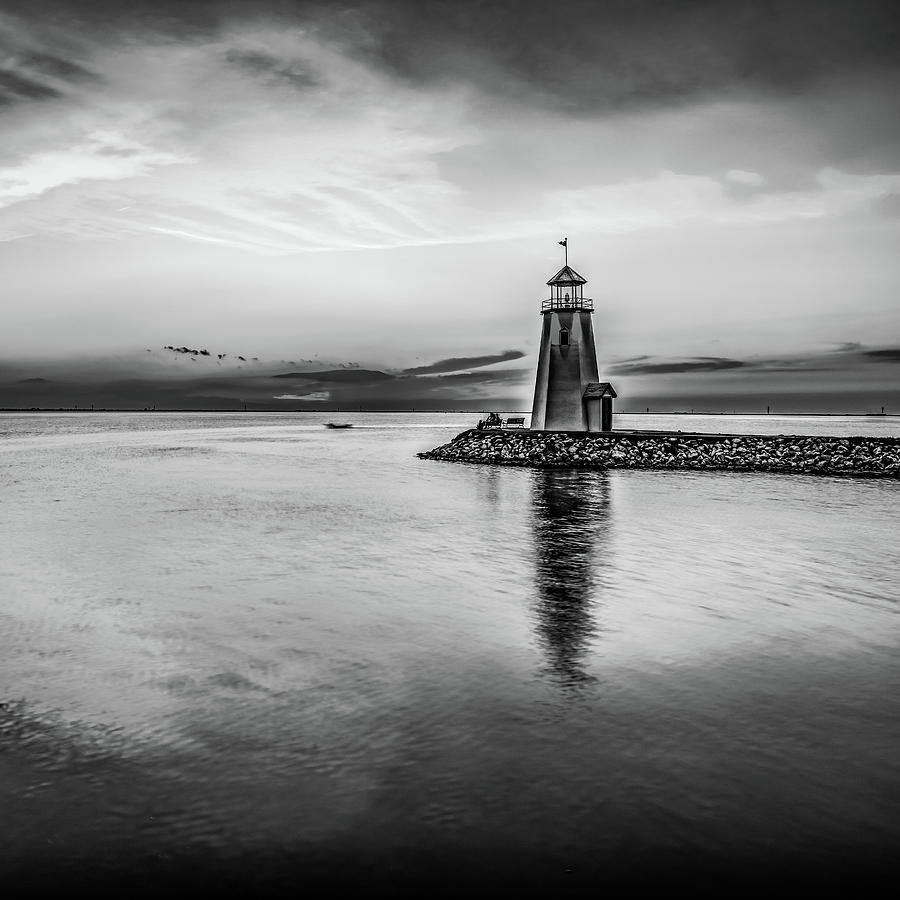 Lake Hefner Light At East Wharf - Black and White 1x1 Photograph by Gregory Ballos