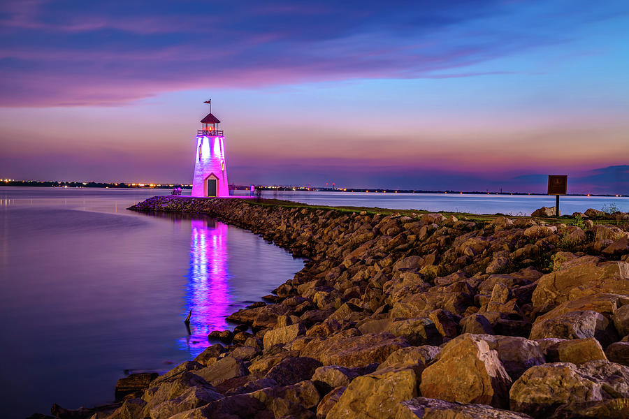 Lake Hefner Lighthouse At East Wharf Along The Rocks Photograph by Gregory Ballos