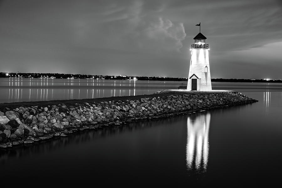 Lake Hefner Night Light - Oklahoma City Black and White Photograph by Gregory Ballos