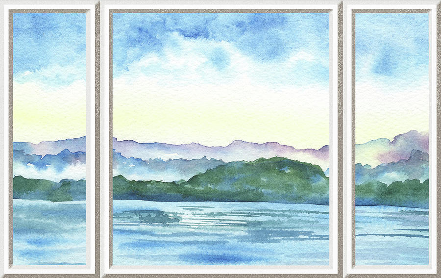 Lake House Window View Meditative Landscape With Calm Waters And Hills Watercolor I  Painting by Irina Sztukowski