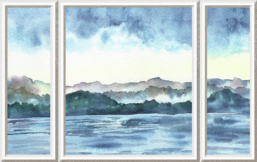 Lake House Window View Meditative Landscape With Calm Waters And Hills Watercolor III Painting by Irina Sztukowski