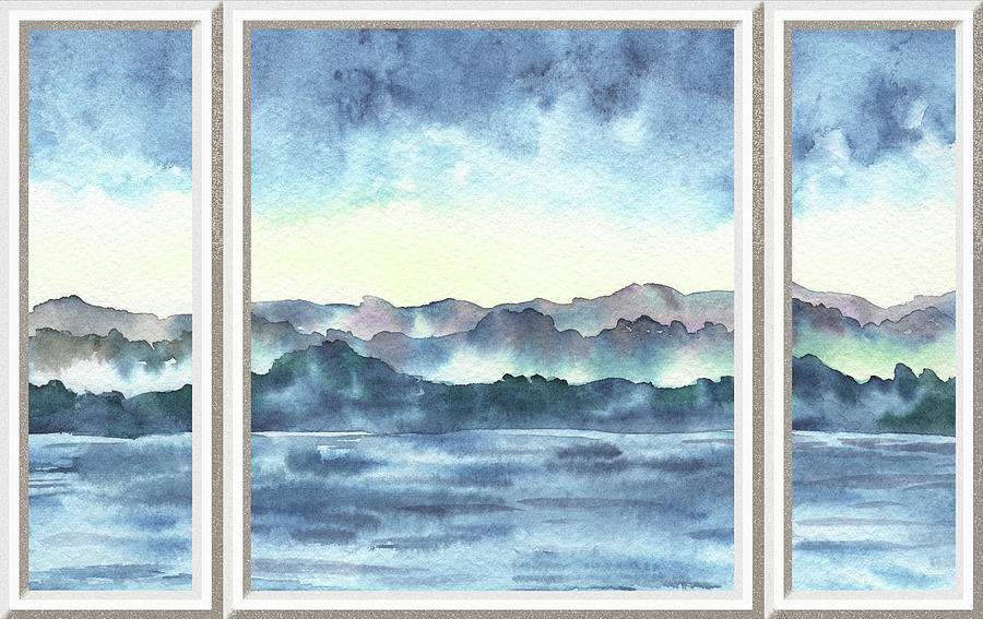 Lake House Window View Meditative Landscape With Calm Waters And Hills Watercolor IV Painting by Irina Sztukowski