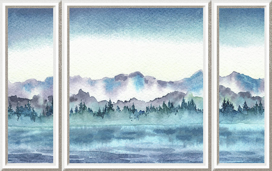 Lake House Window View Meditative Landscape With Calm Waters And Hills Watercolor V Painting