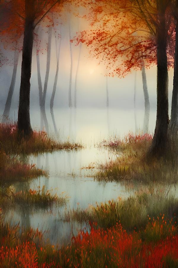 Lake in Autumn Painting by Bonnie Bruno
