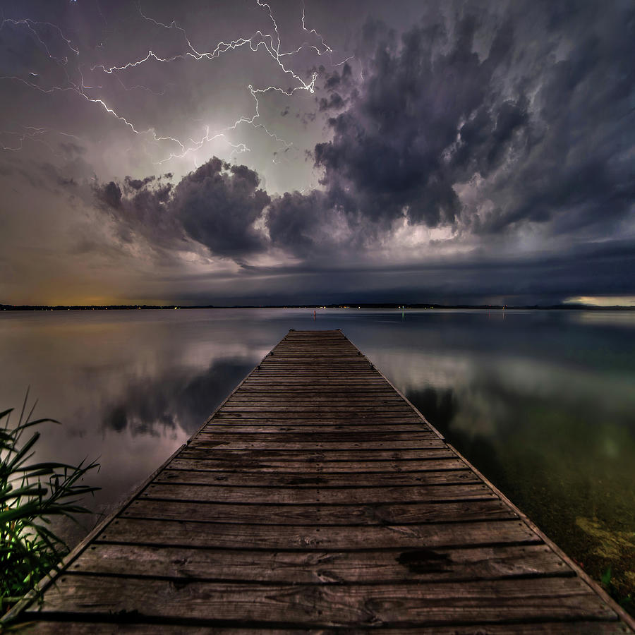 Lake Kegonsa Light Show  - Spring thunderstorm and lightning display at Kegonsa - SQUARE FORMAT Photograph by Peter Herman