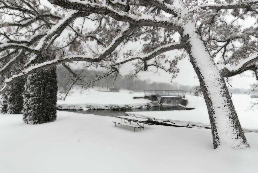 Lake Leota Park Winterscape series - view of spillway - Evansville WI Photograph by Peter Herman