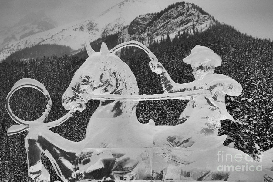 Lake Louise ICowboy Ice Sculpture Black And White Photograph by Adam Jewell